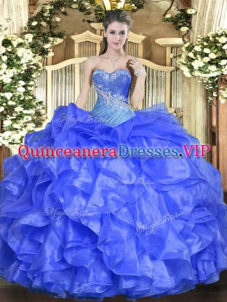 Modest Blue Lace Up Sweetheart Beading and Ruffles 15th Birthday Dress Organza Sleeveless