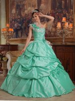 Spencer Iowa/IA Apple Green One Shoulder Pick-ups Elegant Quinceanera Dress With Hand Flowers Taffeta