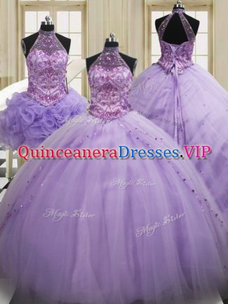 High End Three Piece Halter Top Lavender Sleeveless Sequins Lace Up Quince Ball Gowns