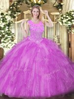 Fabulous Sleeveless Tulle Floor Length Zipper 15 Quinceanera Dress in Lilac with Beading and Ruffles