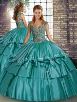 Dynamic Straps Sleeveless 15 Quinceanera Dress Floor Length Beading and Ruffled Layers Teal Taffeta