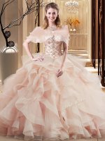 Custom Made Peach Sleeveless Beading and Ruffles Lace Up Quince Ball Gowns