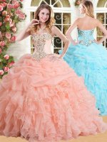 Modest Pick Ups Floor Length Ball Gowns Sleeveless Peach Sweet 16 Quinceanera Dress Lace Up