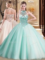 Halter Top Sleeveless Brush Train Beading Lace Up Quince Ball Gowns