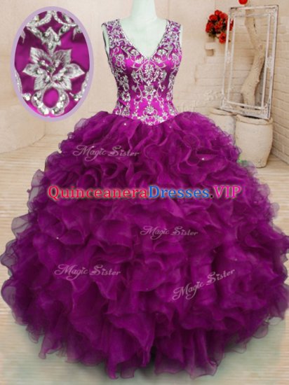 Excellent Fuchsia Quinceanera Gown Military Ball and Sweet 16 and Quinceanera with Beading and Embroidery and Ruffles V-neck Sleeveless Backless - Click Image to Close