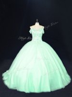 Custom Designed Tulle Off The Shoulder Sleeveless Court Train Lace Up Beading Sweet 16 Quinceanera Dress in Apple Green