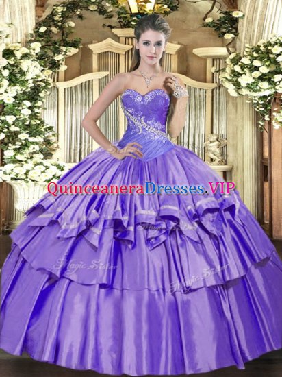Great Sleeveless Organza and Taffeta Floor Length Lace Up Quince Ball Gowns in Lavender with Beading and Ruffled Layers - Click Image to Close