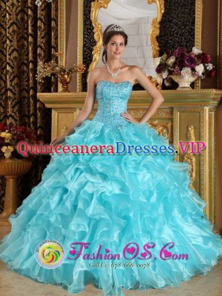 Monrovia CA Sweet Aqua Blue Quinceanera Dress With Beaded Bodice and Ruffles Layered Organza Skirt
