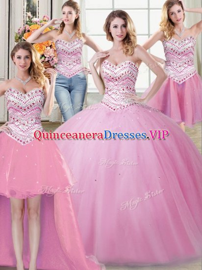 Dynamic Four Piece Rose Pink Sleeveless Beading Floor Length 15 Quinceanera Dress - Click Image to Close