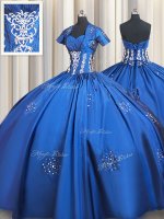 Floor Length Blue 15 Quinceanera Dress Taffeta Short Sleeves Beading and Appliques
