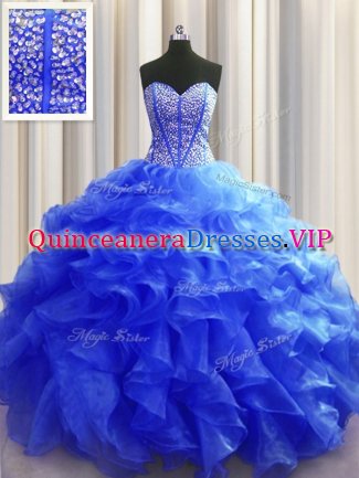 Artistic Visible Boning Royal Blue Sleeveless Organza Lace Up Sweet 16 Dress for Military Ball and Sweet 16 and Quinceanera