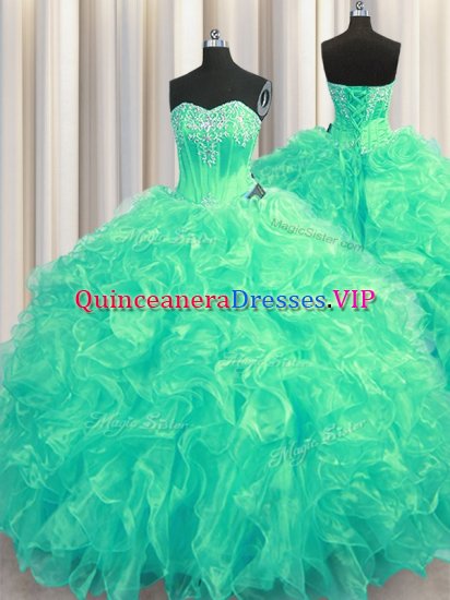 Beading and Ruffles Sweet 16 Dress Turquoise Lace Up Sleeveless Brush Train - Click Image to Close