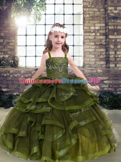 Ball Gowns Pageant Gowns For Girls Olive Green Straps Tulle Sleeveless Floor Length Lace Up - Click Image to Close