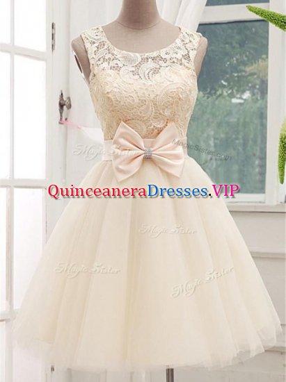 Graceful Champagne Lace Up Vestidos de Damas Lace and Bowknot Sleeveless Knee Length - Click Image to Close