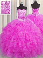 High Quality Handcrafted Flower Fuchsia Ball Gowns Beading and Ruffles and Hand Made Flower 15 Quinceanera Dress Lace Up Organza Sleeveless Floor Length