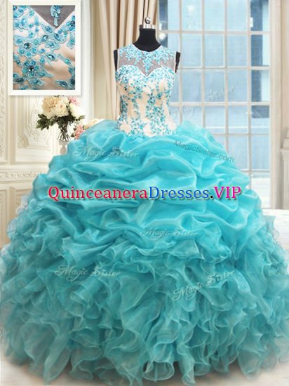 Scoop Sleeveless Quinceanera Dress Floor Length Appliques and Ruffles and Pick Ups Aqua Blue Organza - Click Image to Close