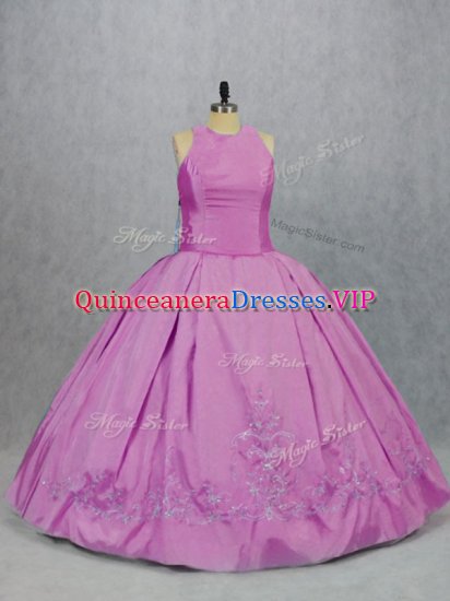 Sleeveless Satin Floor Length Lace Up 15th Birthday Dress in Lilac with Embroidery - Click Image to Close