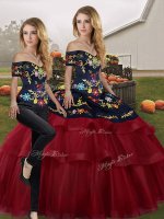 Wine Red Two Pieces Off The Shoulder Sleeveless Tulle Brush Train Lace Up Embroidery and Ruffled Layers Quinceanera Gowns