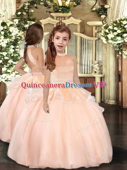 Exquisite Sleeveless Organza Floor Length Backless Little Girls Pageant Dress Wholesale in Peach with Beading - Click Image to Close