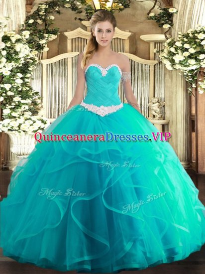 Fine Turquoise Lace Up Quinceanera Dresses Appliques and Ruffles Sleeveless Floor Length - Click Image to Close
