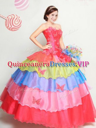 Deluxe Multi-color Organza Lace Up Sweet 16 Dress Sleeveless Floor Length Appliques and Ruffled Layers