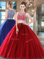 Wine Red Sleeveless Tulle Side Zipper Quinceanera Gown for Military Ball and Sweet 16 and Quinceanera