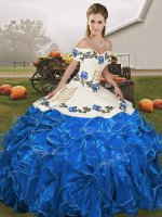 Best Selling Sleeveless Organza Floor Length Lace Up 15th Birthday Dress in Blue And White with Embroidery and Ruffles