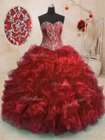 Sweetheart Sleeveless Sweep Train Lace Up Ball Gown Prom Dress Wine Red Organza