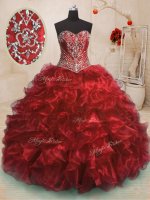 Sweetheart Sleeveless Sweep Train Lace Up Ball Gown Prom Dress Wine Red Organza(SKU PSSW0156-4BIZ)