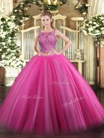 Custom Fit Hot Pink Tulle Lace Up 15 Quinceanera Dress Sleeveless Floor Length Beading