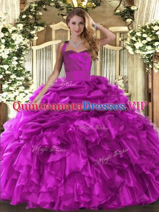 Floor Length Lace Up 15th Birthday Dress Fuchsia for Military Ball and Sweet 16 and Quinceanera with Ruffles and Pick Ups