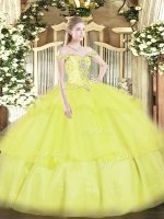 Best Organza Off The Shoulder Sleeveless Lace Up Beading and Ruffled Layers Quinceanera Dress in Yellow(SKU SJQDDT1530002-1BIZ)