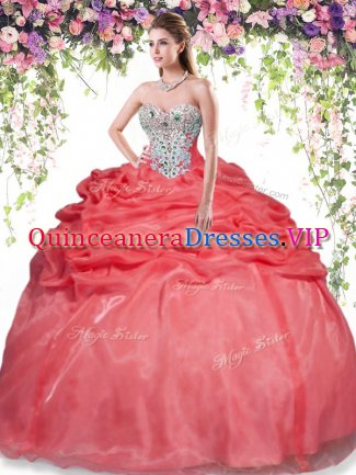 Best Red Sleeveless Beading and Pick Ups Floor Length Quinceanera Dress