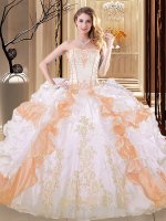 Shining White and Yellow Lace Up Strapless Embroidery and Ruffled Layers Vestidos de Quinceanera Organza Sleeveless