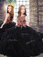Black Little Girls Pageant Dress Party and Wedding Party with Embroidery and Ruffles Scoop Sleeveless Sweep Train Zipper