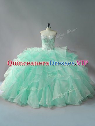 High End Organza Sweetheart Sleeveless Court Train Lace Up Beading and Ruffles 15th Birthday Dress in Apple Green
