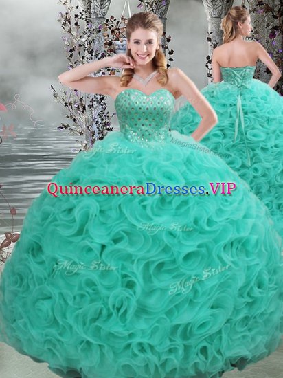 Turquoise Ball Gowns Beading 15 Quinceanera Dress Lace Up Fabric With Rolling Flowers Sleeveless - Click Image to Close