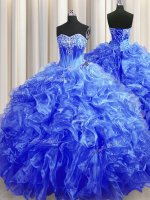 Royal Blue Ball Gowns Organza Sweetheart Sleeveless Beading and Ruffles Lace Up Sweet 16 Quinceanera Dress Sweep Train(SKU PSSW0433-4BIZ)