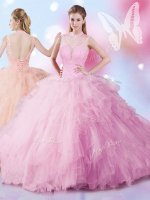 Tulle Sleeveless Lace Up Beading and Ruffles Quinceanera Dress in Rose Pink
