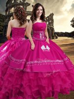 Floor Length Zipper 15 Quinceanera Dress Hot Pink for Military Ball and Sweet 16 and Quinceanera with Embroidery and Ruffled Layers(SKU XBQDO29-9BIZ)