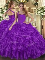 Floor Length Purple Military Ball Dresses For Women Halter Top Sleeveless Lace Up