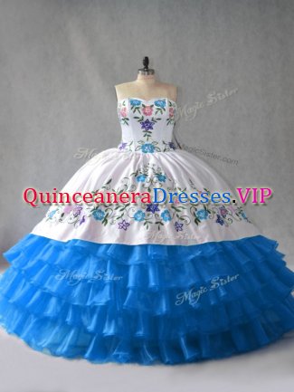 Blue And White Sweetheart Lace Up Embroidery and Ruffled Layers Quinceanera Gowns Sleeveless