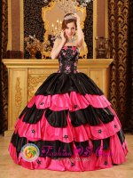 Tiffany & Co Harahan Louisiana/LA Inexpensive Stars Decorate Style Black and Hot Pink Strapless Taffeta Ball Gown For Quinceanera Dress[QDZY059J3BIZ]
