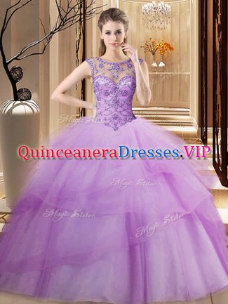 Scoop Sleeveless Beading and Ruffled Layers Lace Up Vestidos de Quinceanera with Lilac Brush Train
