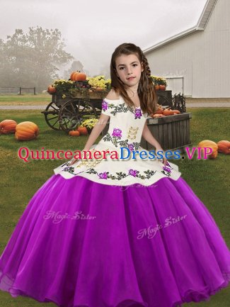 Purple Ball Gowns Organza Straps Sleeveless Embroidery Floor Length Lace Up Pageant Dress for Womens
