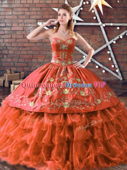 Fabulous Sleeveless Floor Length Embroidery and Ruffled Layers Lace Up Quince Ball Gowns with Rust Red - Click Image to Close