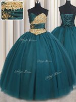 Glittering Teal Tulle Lace Up Sweet 16 Dresses Sleeveless Floor Length Beading