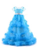 Charming V-neck Short Sleeves Backless Teens Party Dress Baby Blue Tulle(SKU SWLG190-1BIZ)