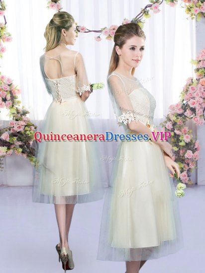 Half Sleeves Tulle Tea Length Lace Up Court Dresses for Sweet 16 in Champagne with Lace and Bowknot - Click Image to Close