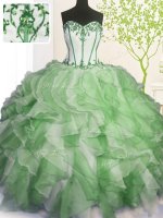 Trendy Green Ball Gowns Organza Sweetheart Sleeveless Beading and Ruffles Floor Length Lace Up Vestidos de Quinceanera